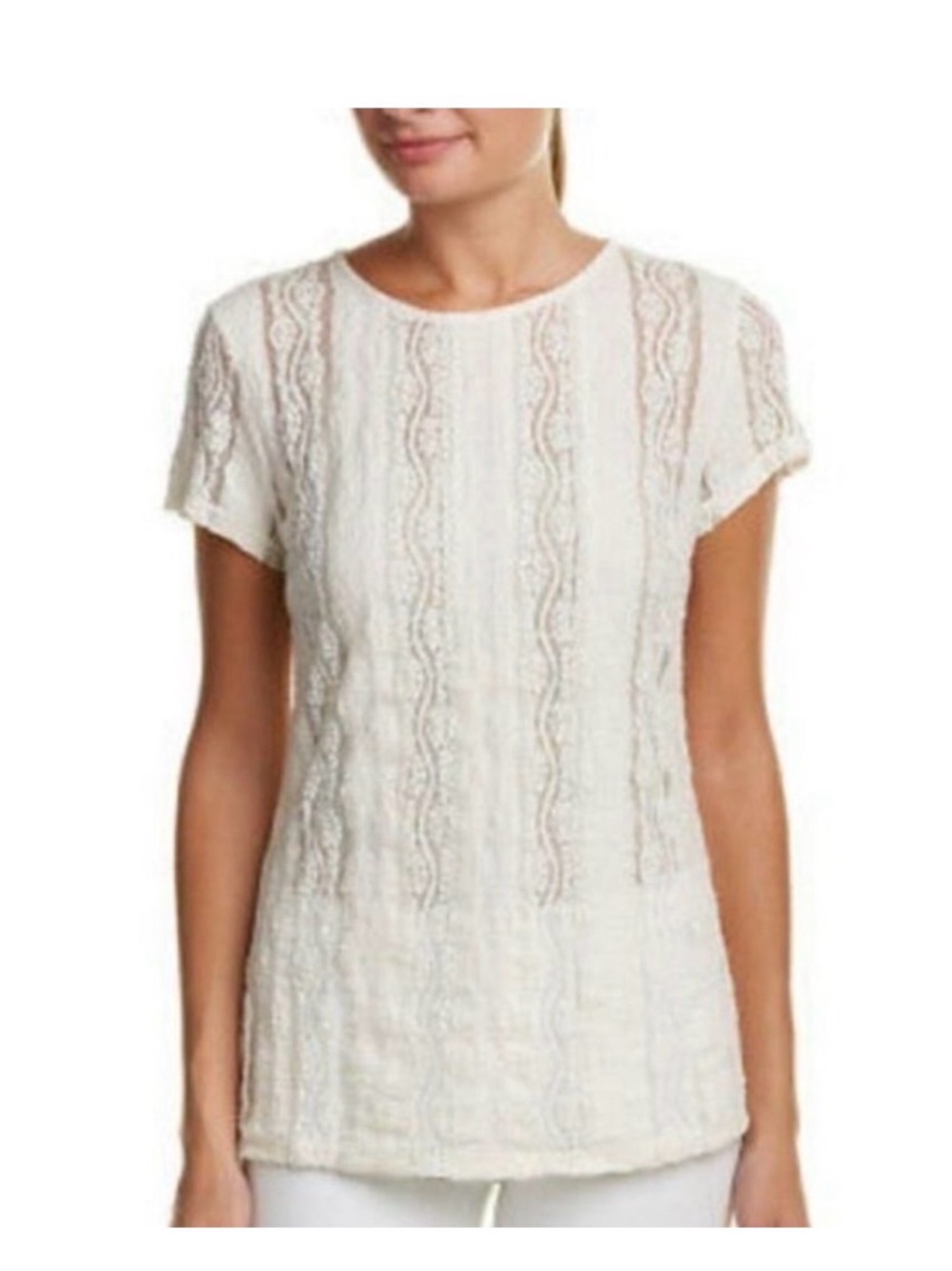 Vintage Cabi #260 Lace-Textured Short Sleeve Cream Top. Size L, EUC